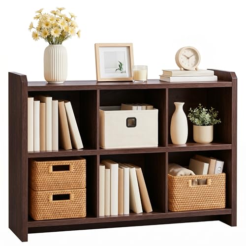 Janmer Home 6 Cube Storage Organizer, 45" Long Horizontal Low Bookshelf, Modern Minimalist Wooden Cubby Storage Cabinet Console Table, TV Stand for Living Room Bedroom Office,Dark Walnut - color: Dark Walnut, size: 6 Cube