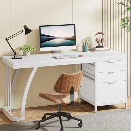 Tribesigns 59 Inch Computer Desk with 3 Drawers, Industrial PC Desk Study Writing Table Workstation with File Storage, Home Office Desks with Large Desktop and Metal Frame, (White) - color: White