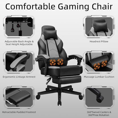 Shintenchi Gaming Chair,Video Game Chair with footrest and Massage Lumbar Support,Height Adjustable Game Chair with 360°Swivel Seat Ergonomic Computer Chair with Headrest for Office or Gaming(Grey) - color: Grey