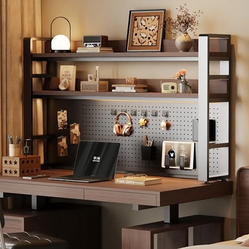 Desktop Hutch Bookshelf, 2-Tier Metal Desk Shelf for Top of Desk | Heavy Duty Countertop Organizer Rack with Peg Board & Accessories Space-Saving Storage for Dorm, Office & Home - color: Heavy-duty 2-tier Black, size: 37.4"