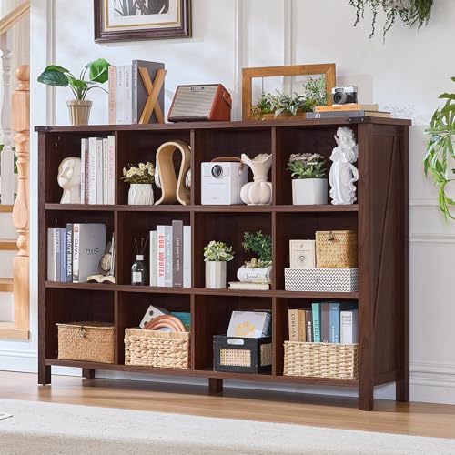 Joaxswe 12 Cube Storage Organizer, Farmhouse 62 Inch Wide Brown Walnut Display Bookshelf, Wooden 3 Tier Large Open Book Shelf, Vintage Bookcase for Home Office, Cubby Cabinet for Living Room, Office - color: Brown Walnut, size: 12 Cube (13.6"D x 62"W x 42