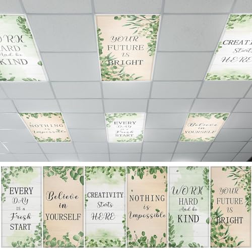 QOUBAI 6PCS Fluorescent Light Covers, 4x2 Feet Magnetic Light Cover Fluorescent Lights Shade Panel Positive Inspirational Ceiling Lights Filters for Office Classroom Home Drop Ceiling Eucalyptus - color: Eucalyptus