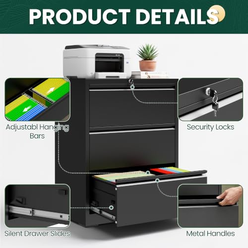 3 Drawer Lateral File Cabinet, Metal Filing Cabinet for Home Office, Black | Heavy-Duty Steel Locking Large File Cabinet, Hanging Letter/Legal/A4 Size, Full-Extension Silent Drawer, Un-Assembly - color: Black, size: 3 Drawers (35.43 in Width)