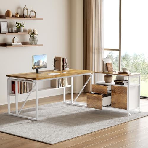 LITTLE TREE 63-Inch Office Desk with 31.5-Inch Lateral File Cabinet, Study Writing Desk Computer Desk for Home Office - color: Rustic