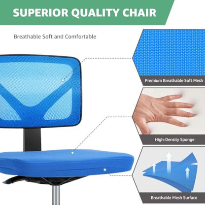 Armless Mesh Office Chair, Ergonomic Low Back Deskchair, Adjustable Rolling Task Computer Swivelchairs for Small Spaces Home Bedroom Study, Blue - color: Blue