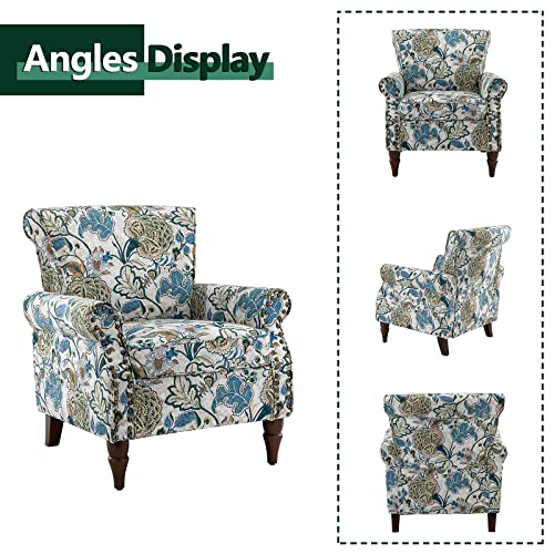 HULALA HOME Traditional Floral Accent Chair with Solid Wood Legs, Green | Comfy Upholstered Armchair Reading Chair with Rolled Armrests, Nailhead Trim, Removable Cushion, for Living Room Bedroom - color: Green