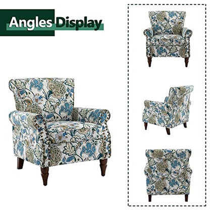 HULALA HOME Traditional Floral Accent Chair with Solid Wood Legs, Green | Comfy Upholstered Armchair Reading Chair with Rolled Armrests, Nailhead Trim, Removable Cushion, for Living Room Bedroom - color: Green