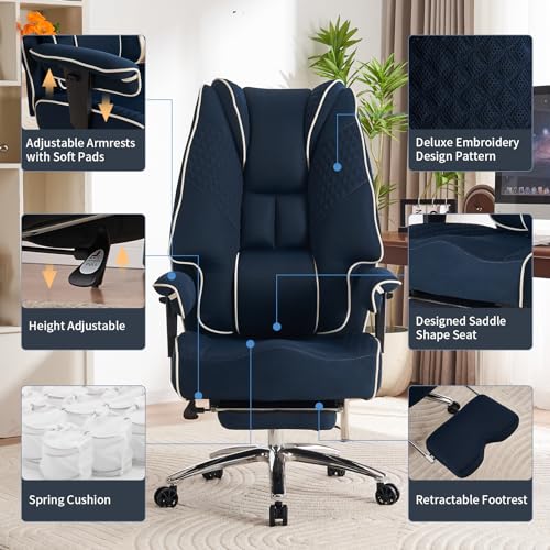 EXCEBET Big and Tall Office Chair 400lbs Wide Seat, Leather High Back Executive Office Chair with Foot Rest, Ergonomic Chairs Lumbar Support for Lower Back Pain Relief (Mesh Dark Blue) - color: Mesh Dark Blue