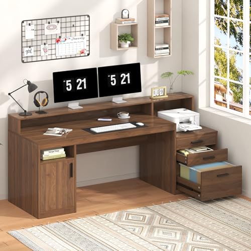 65" Computer Desk with 3 Drawers & Printer Shelf for Home Office | Office Desk with Printer Shelf & File Drawer, Executive Desk Writing Study Table with Monitor Stand, Brown - color: Brown