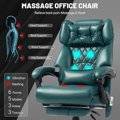 Massage Office Chair with Foot Rest,6 Points Vibration & Heat Executive Office Chairs for Heavy People,500LBS Big and Tall Office Chair,Ergonomic Reclining Desk Chair,Dual-Use Pillow,Home Office,Green - color: Green, size: 6 Point Vibration