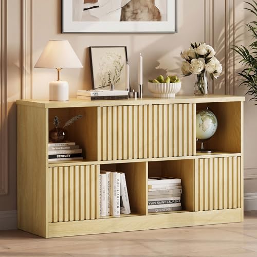 Einhomn 8 Cube Storage Organizer with Sliding Doors, Modern Fluted Bookshelf with Storage Cabinet, Wooden Bookcase with 4 Open Shelves for Living Room, Home Office, Bedroom, Natural - color: Natural, size: 8 cube
