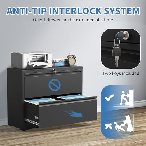 2 Drawer File Cabinet with Lock, Metal Lateral Filing Cabinets - color: Black, size: 2 Drawer_ 35"W