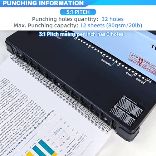 Rayson 3:1 Pitch Wire Binding Machine Bundle, 32-Hole Letter Size Binder, Punches 12 Sheets, Binds up to 120 Sheets, with 100 Black 1/2" 32-Loop Wire Binding Spines