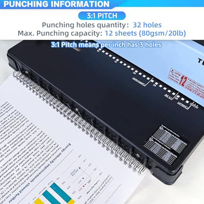 Rayson 3:1 Pitch Wire Binding Machine Bundle, 32-Hole Letter Size Binder, Punches 12 Sheets, Binds up to 120 Sheets, with 100 Black 1/2" 32-Loop Wire Binding Spines