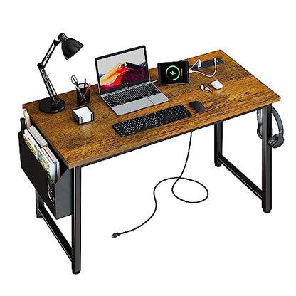 Lufeiya 40 inch Computer Desk with Power Outlet, 39 inch Teen Study Table Home Office Work Writing Desk with Charging Station Outlets Built in, Rustic Brown - color: Rustic Brown, size: 39.4"