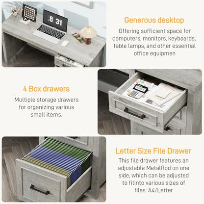 Vabches Farmhouse 49” Executive Desk with File Drawer, Grey | 4 Drawers Reversible Computer Desk with Storage, Rustic Home Writing Workstation for Home Office - color: 49in Grey