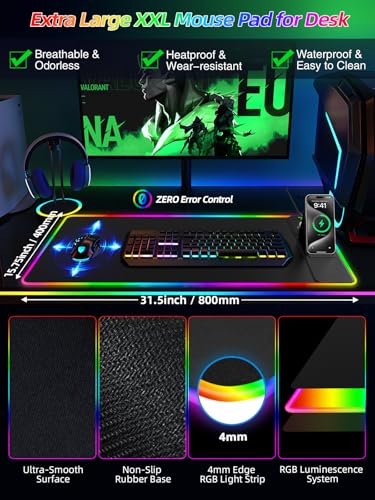 Mouse Pad with Foldable Phone Holder & Wireless Charger, XXL RGB Gaming Mousepad 31.5"x15.8" Large Desk Mat for Keyboard, Black Desk Pad with Dual Qi Charging Station | 11 Colors 5 Modes | Waterproof - color: 31.5x15.75"Phone Stand-Black Right w/PD Upgrad
