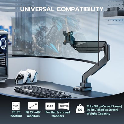 Heavy Duty Single Monitor Mount for 13"-49" Curved Screens with USB, Black - color: Black, style: with USB