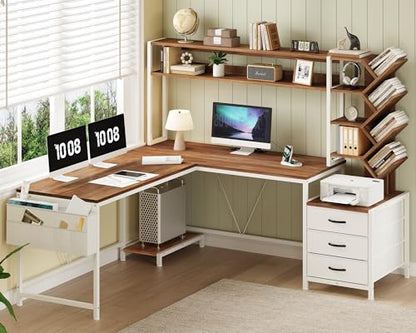 63" L Shaped Desk with Bookshelf, Drawers and Hutch for Home Office - color: Brown and White, size: 63" L Shaped Desk