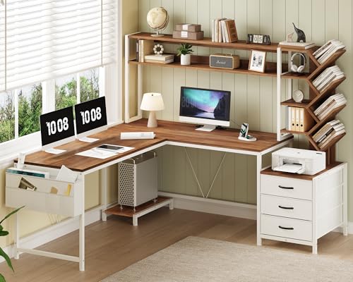 63" L Shaped Desk with Bookshelf, Drawers and Hutch for Home Office - color: Brown and White, size: 63" L Shaped Desk