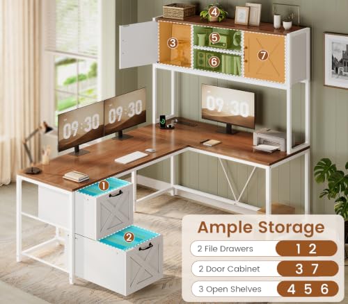 SEDETA Reversible Farmhouse L Shaped Computer Desk with Drawers, Hutch - color: White and Brown