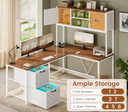 SEDETA Reversible Farmhouse L Shaped Computer Desk with Drawers, Hutch - color: White and Brown