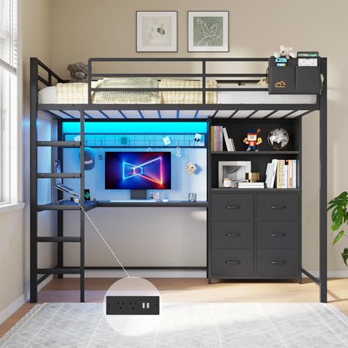 DICTAC Loft Bed Twin Size with L Shaped Desk and Storage Bookshelf, Black | Metal Loft Bed Features Charging Station, Smart RGB LED Lights, 6 Fabric Storage Drawers & Open Shelves,Safety Guardrail - color: Black