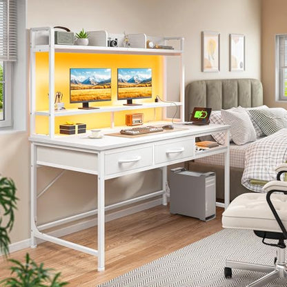 DurayLoly 47.2" Computer Desk with Hutch, LED Lights and Monitor Stand - color: White, size: 18.9"D x 47.2"W x 61.1"H