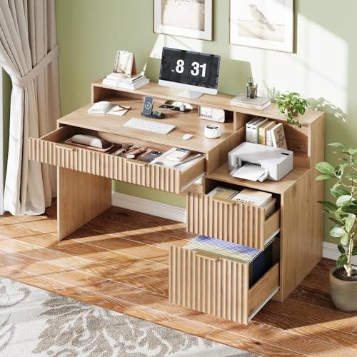 Vabches Fluted Computer Desk with Drawers, Home Office Desk with Power Outlets, Printer Stand and Storage Cabinet, Study Writing Desks with Long Monitor Stand, Oak - color: Oak