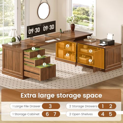 SEDETA Fluted 70.9" L Shaped Desk with Drawers, Fluted Brown - color: Fluted Brown, size: 70.9" L Shaped Desk