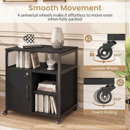 Rolling File Cabinet, Printer Stand with Charging Station (Black) | Mobile Lateral Filing Cabinet | Adjustable Shelf & Metal Frame | Lockable Wheels | For Home Office & Small Space - color: Black