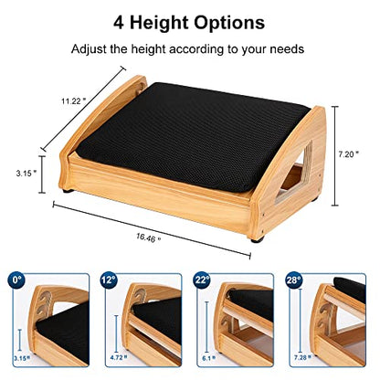 StrongTek Wooden Foot Stool Under Desk, Removable Cushion, 3 Angles - color: Natural-soft