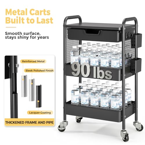 KINGBOARD 3 Tier Metal Rolling Cart with Drawer, Black Utility Storage Cart | 2 Cups & 4 Hooks, Lockable Wheels, Trolley Organizer for Bathroom, Kitchen, Office, Nursery, Dorm, Laundry, Craft Room - color: Black