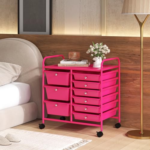 RELAX4LIFE 9 Drawer Rolling Storage Cart - Mobile Drawer Carts for Craft Art Supply Paper Salon, Utility Cart on Wheels for Classroom Teacher School Office, Rolling Cart with Drawers (Hot Pink) - color: Hot Pink, style: 9 Drawers
