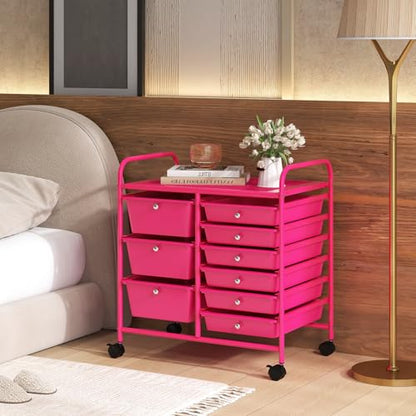 RELAX4LIFE 9 Drawer Rolling Storage Cart - Mobile Drawer Carts for Craft Art Supply Paper Salon, Utility Cart on Wheels for Classroom Teacher School Office, Rolling Cart with Drawers (Hot Pink) - color: Hot Pink, style: 9 Drawers