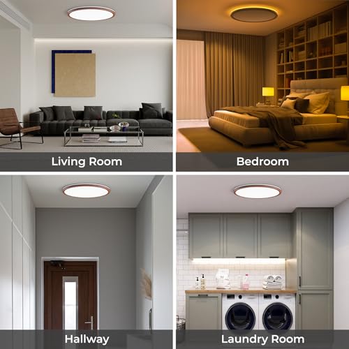 Matane 12in Flush Mount Ceiling Light Fixture with Remote Control, Nightlight 2000K Warm, 3000K-6500K Adjustable, Wired Low Profile Ceiling Lights for Bedroom, Kitchen, Living Room Walnut - color: Walnut, size: 12 Inch