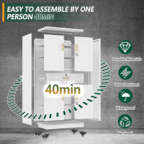 winiowa 71" Tall Metal Garage Storage Cabinet with Wheels and Locking Doors, Locking Rolling Tool Cabinet with Drawer and 3 Adjustable Shelves for Garage,Home,Office (White) - color: White-drawer
