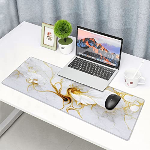 Desk Pad,Office Desk Mat 31.5"×11.8" Large Gaming Mouse Pad,Extended Computer Mouse Pad,Waterproof Thick Big Mouse Pads with Non-Slip Rubber Base Office Home White Gold Marble Flower - color: Xl01-15 White Gold Marble Flower, size: 31.5 x 11.8 in