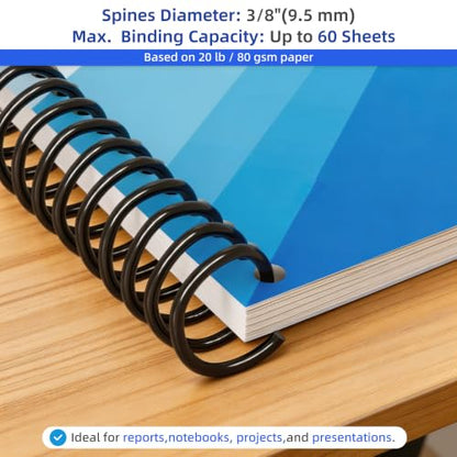 Rayson 3/8" Plastic Spiral Binding Coil, 60 Sheets Capacity, 4:1 Pitch 9.5mm Black Coil Binding Spines for Business and Educational Purposes, Pack of 100 - size: 3/8" (60 Sheets Capacity)