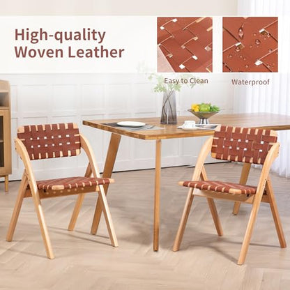 Folding Dining Chairs Set of 2 | Wooden Foldable Chair with Leather-Woven Backrest and Widened Seat Extra for Guests Kitchen Office Wedding Picnic Brown - color: Brown With Leather Strap, size: 2PCS
