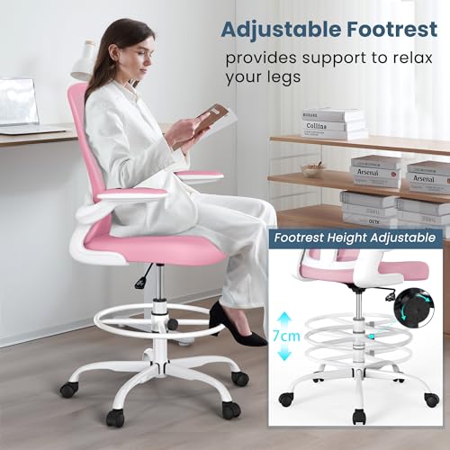 Drafting Chair, Tall Office Chair with Flip-up Armrests Executive Ergonomic Computer Standing Desk Chair, Office Drafting Chair with Lumbar Support and Adjustable Footrest Ring - color: Pink&white