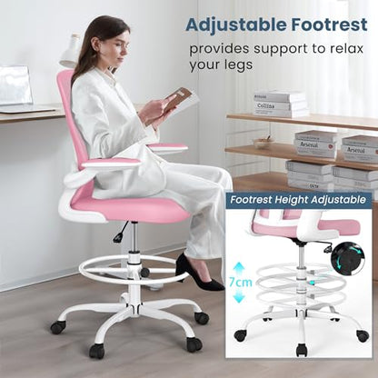 Drafting Chair, Tall Office Chair with Flip-up Armrests Executive Ergonomic Computer Standing Desk Chair, Office Drafting Chair with Lumbar Support and Adjustable Footrest Ring - color: Pink&white