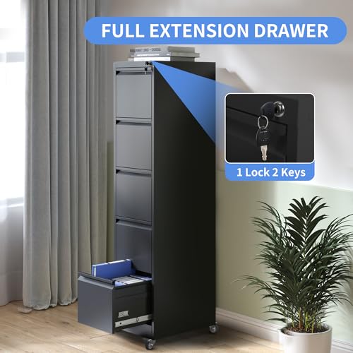 5 Drawer File Cabinet with Wheels, Metal Mobile File Cabinet with Lock, Rolling Filing Cabinet Home Office for Hanging File Folders, Letter Size, Legal Size, A4 Size, Require-Assembled, Black - color: Black, size: 64.10"H-5 Drawer