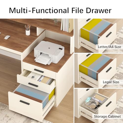 65" Computer Desk with 3 Drawers & Printer Shelf for Home Office | Office Desk with Printer Shelf & File Drawer, Executive Desk Writing Study Table with Monitor Stand, Brown & White - color: Antique White