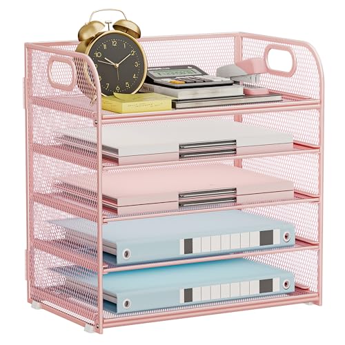 5-Tier Stackable Paper Organizer with Handle, Pink | Metal Mesh Letter Tray, Stylish Desk File Sorter for Office, Home & Classroom Supplies - color: Pink, size: 12.6" x 9.1" x 13.4"