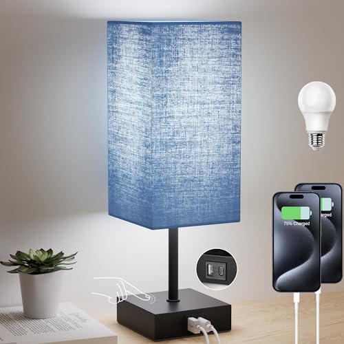 Bedside Table Lamp for Bedroom with 2USB Ports, 14-Inch, NavyBlue | USB A+C Ports, Touch 3-Way Dimmable LED Bulb Included Fabric Lampshade Metal Base Small Nightstand Lamp for Desk Living Room - color: Upgraded Navy Blue, size: 1-Pack