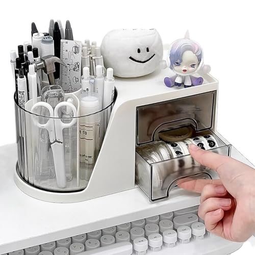 Rotating Desk Organizer, Large Capacity Cosmetic Display Case with Drawer, 360-Degree Rotating Pen Holder, Art Supply Storage Box Caddy for Office and Home - color: 360° Rotating 6 Slots 2 Drawers White