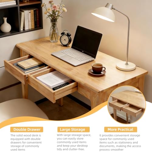 KEIKI Solid Wood Writing Desk with Drawers, 47" Computer Desk for Home Office Work, Study, Natural - color: Natural