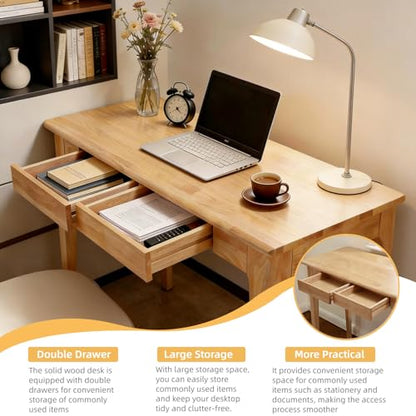 KEIKI Solid Wood Writing Desk with Drawers, 47" Computer Desk for Home Office Work, Study, Natural - color: Natural