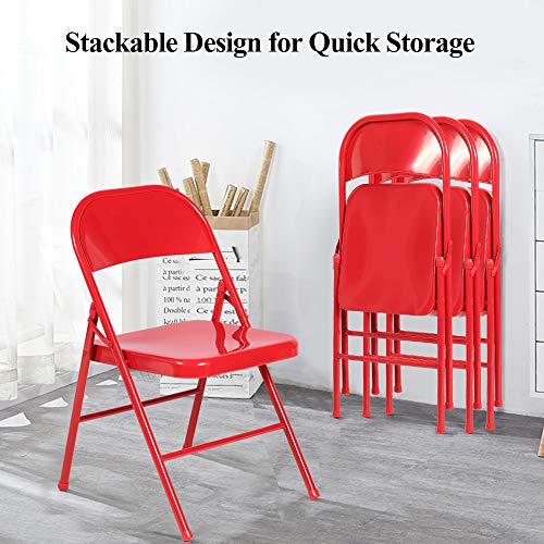 VECELO Metal Folding Chairs 4 Pack, Double Hinged Steel Frame Easy Foldable&Stackable for Office Kitchen Dinning Wedding Patio and Garden - color: Red